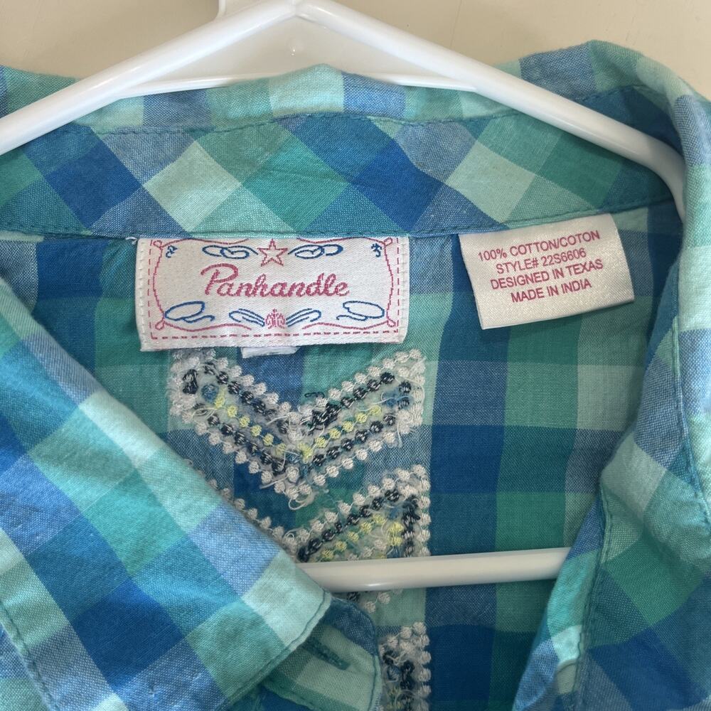 VTG Panhandle Women Snap Front Shirt Turquoise Aztec Beads Roll Tab Large - Picture 6 of 15